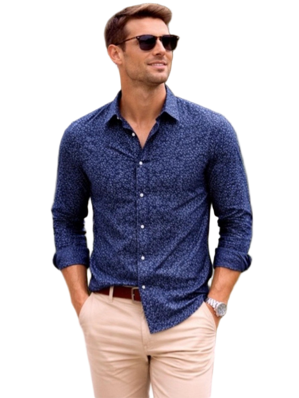 Express Men's slim Blue floral Patterned Casual long sleeve button down Shirt